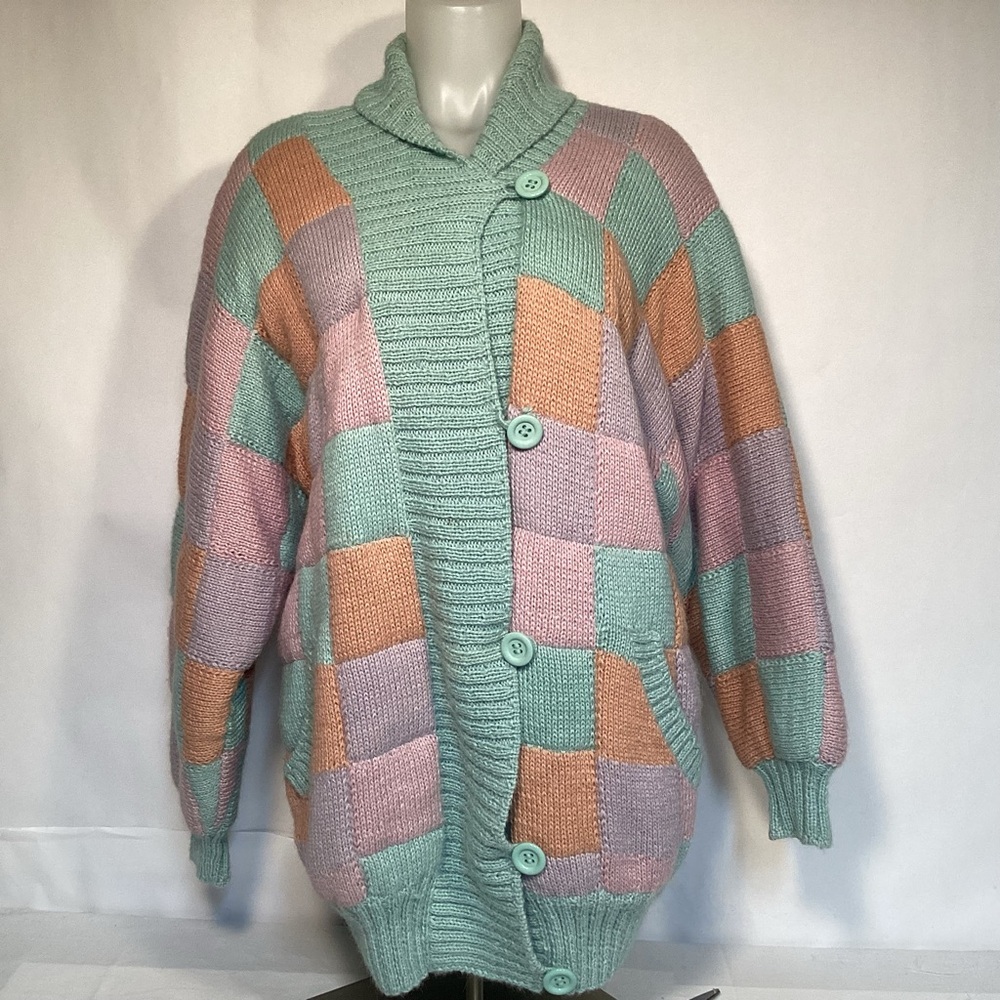 Helen Homonn Hand Knitted Alpaca Patchwork Women's Sweater Jacket Size Large